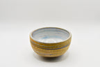 Ceramic bowl with blue and brown stripes on a white background